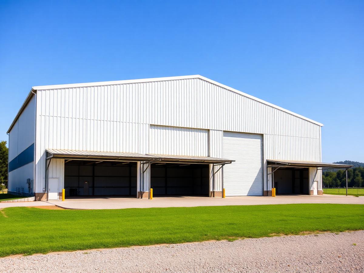 Large agricultural steel warehouse with tall roll-up doors