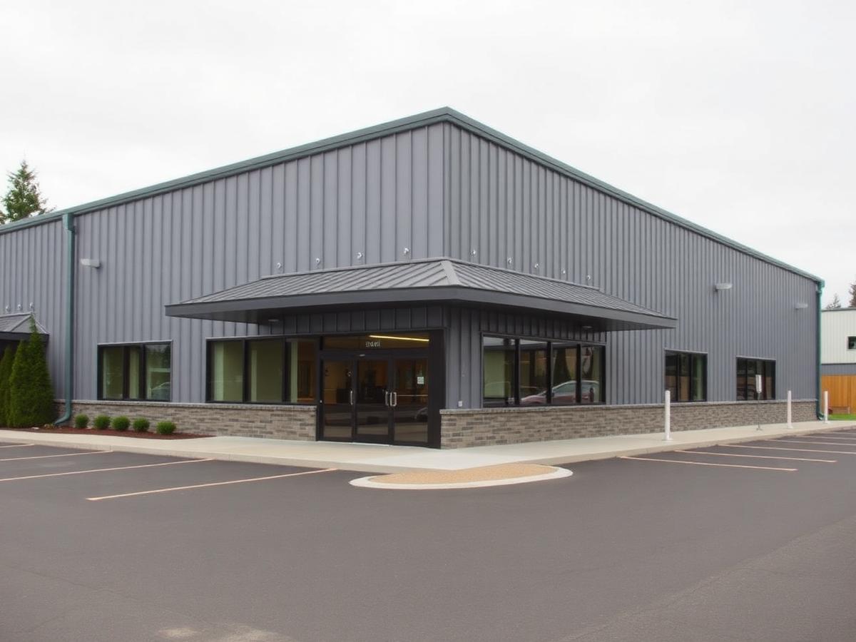 Completed commercial metal building with glass office entry