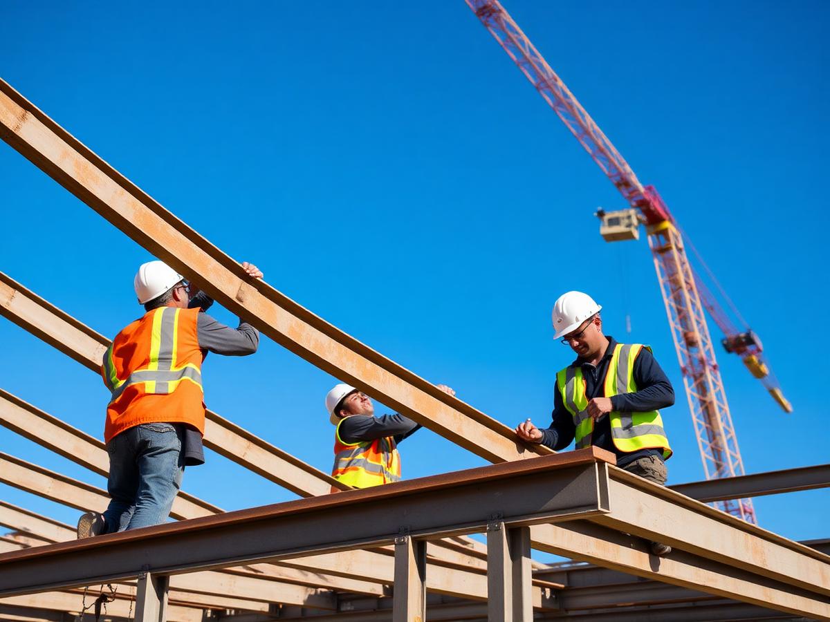 Crew erecting steel framing on a metal building