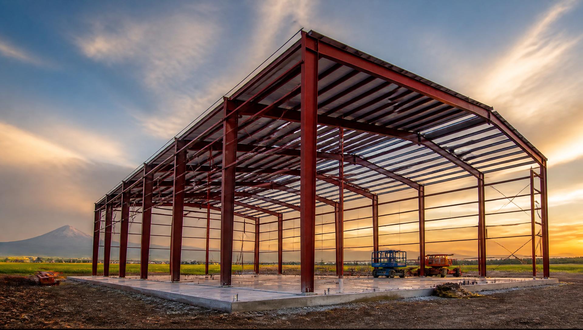Steel frame of a pre-engineered metal building at sunset